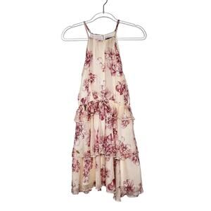 AAKAA Floral Halter Neck Ruffle Tiered Mini Dress Sleeveless Cream Pink Size S